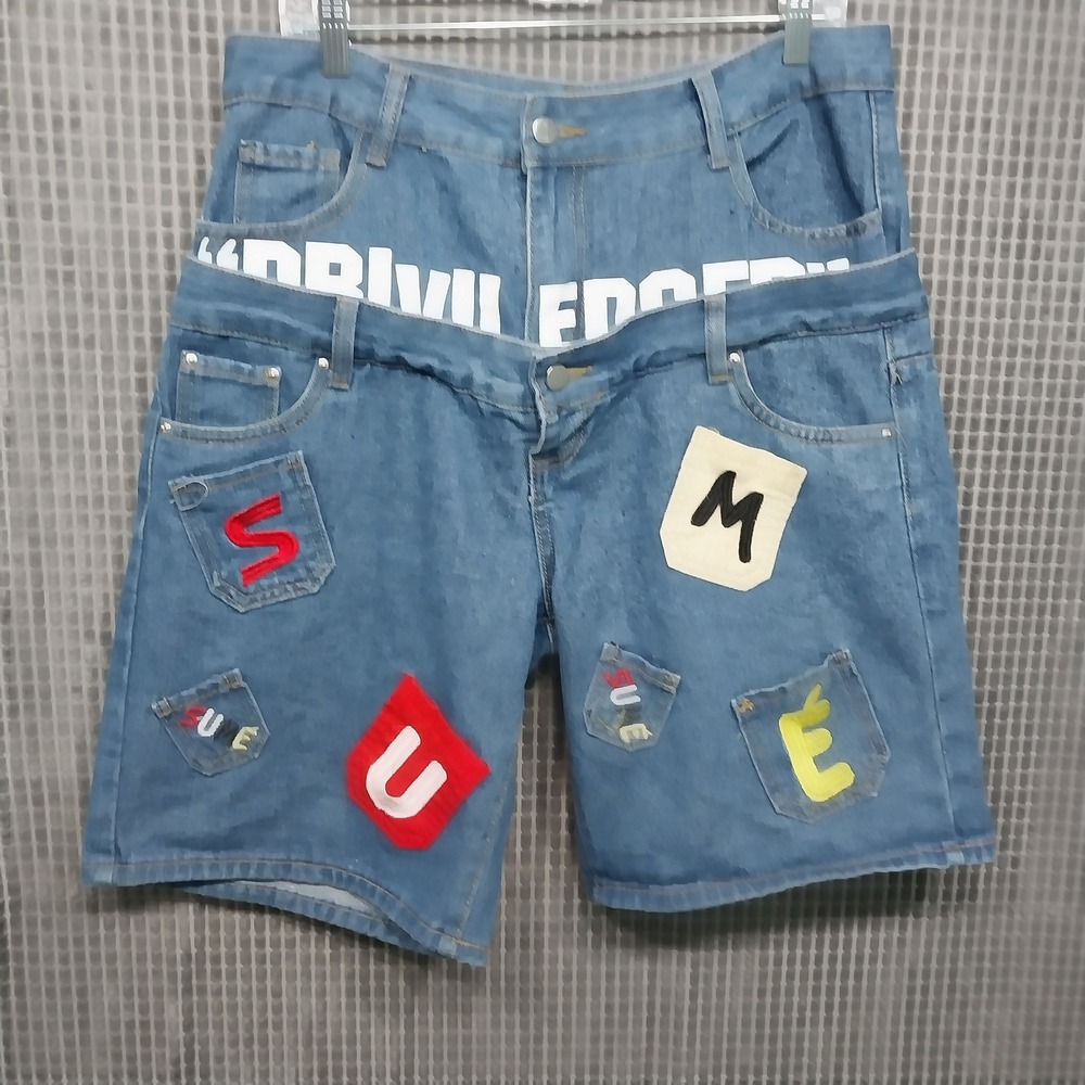 SUME Mens Jean Shorts Double Waistband Patchwork Streetwear L Blue